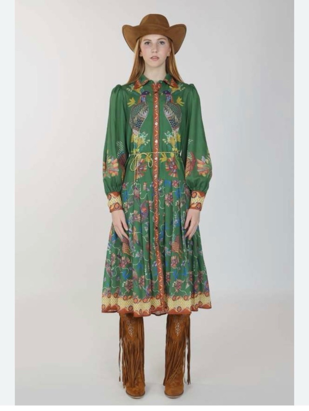 Beulah London Eden Dress Green Floral Button-Front Midi Dress with Bird Motif